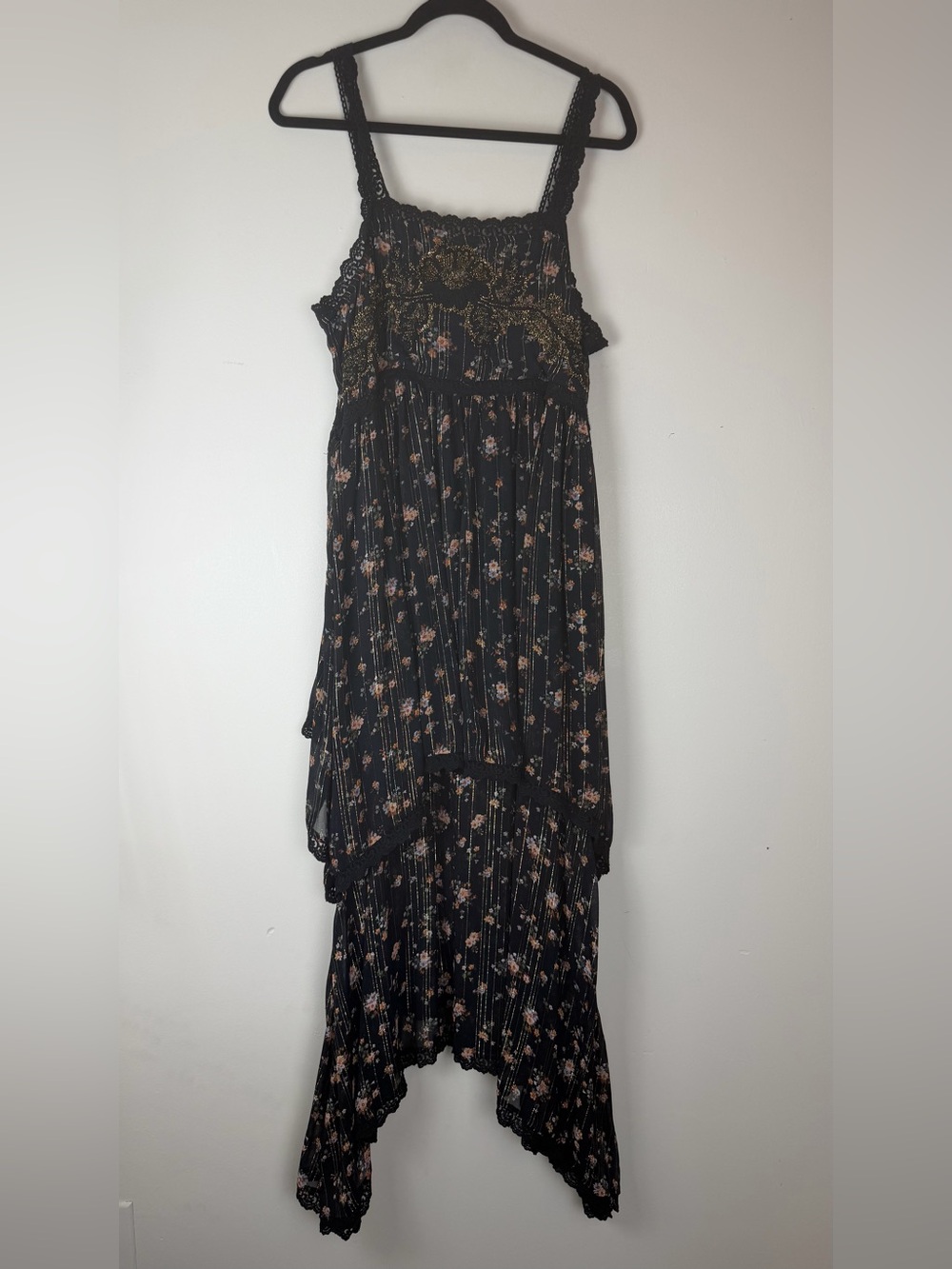 ZARA Tiered Chiffon Embroidered Floral Lace Metallic Stripe Black Dress Small - Picture 2 of 7